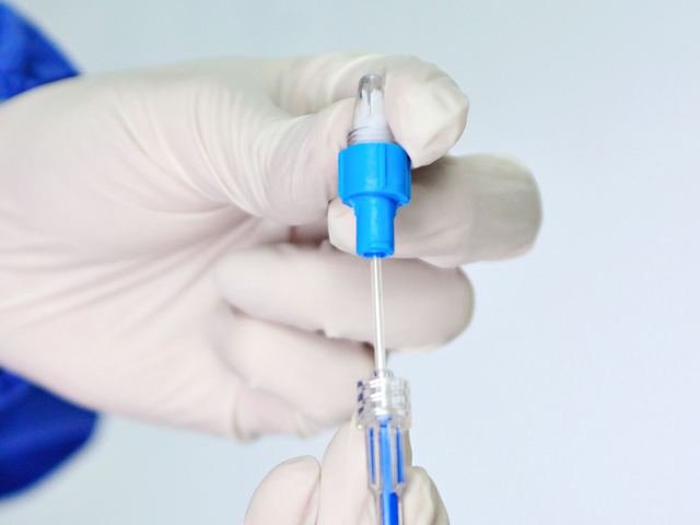 Gloved hands preparing a sterile catheter and guidewire.